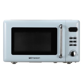 Emerson MWR7020BL Retro Compact Countertop Microwave Oven with Button Control, LED Display, 700W 5 Power Levels, 8 Auto Menus, Glass Turntable and Child Safe Lock, 0.7, Thunderbird Blue