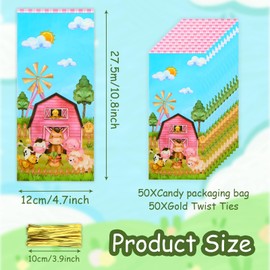 50 PCS Farm Animal Cellophane Treat Bags Farmhouse Gift Bags Plastic Party Favor Bags Cute Horse Pig Cow Sheep Candy Goodie Bags for Girls Boys Kids Farm Barnyard Birthday Baby Shower Party Supplies