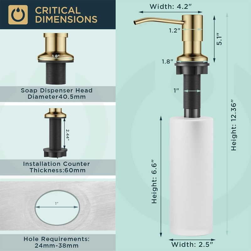 FORIOUS Brushed Gold Soap Dispenser for Kitchen Sink with 500ML/18OZ