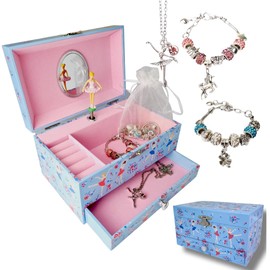 LIV&LOVE Music Jewelry Box with Necklace Pendant and Charm Bracelet Set|Jewllery Musical Box| Music Box for Girls|Dancing Ballerina Box| Music Box Ballerina(Blue Ballerina Box + Ballerina Doll)