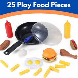 Liberty Imports Play Food Kids Toy Set with Frying Pan and Spatula - 25-Piece Kitchen Cooking Pretend Play Toy Grill Set for Toddlers Kids