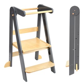 Foldable Toddler Tower Preassembled Kitchen Step Stool, Folding Tower for Learning with 3 Adjustable Heights Montessori Toddler Standing Tower Collapsible Step Stool for Kids 1-6y GY NAT