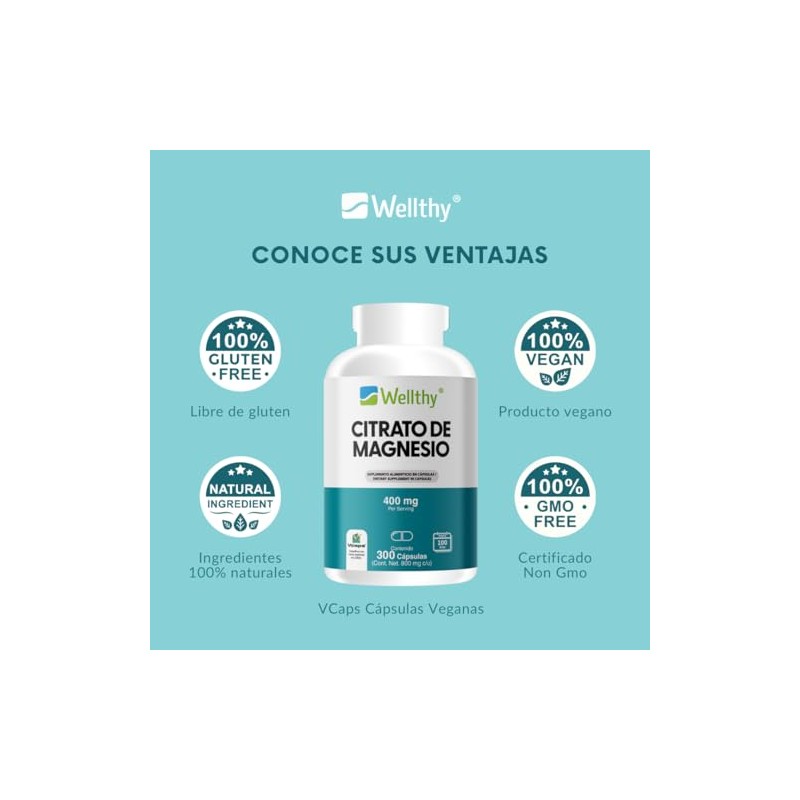 Wellthy Citrato Magnesio 300 Cápsulas 400mg 100 Natural Veganas Días