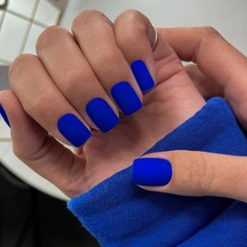 Matte Royal Blue Press on Nails Short Square, KXAMELIE Gel Nails Glue on Acrylic Nails Press ons Featured Protective Coat Thick Reusable Fake Nails Solid Color 24 Short Coffin Artificial Nails