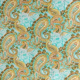 AVKA Studio - Tela estampada a mano por The Yard – PRECUT 5 yardas 42 pulgadas de ancho, material 100% algodón, patrón de cachemira turquesa y amarillo, tela india ligera para hacer tops de verano