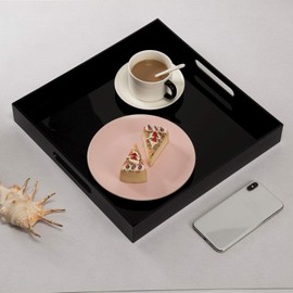Glossy Black Sturdy Acrylic Serving Tray with Handles-14x14Inch-Serving Coffee,Appetizer,Breakfast,Butler-Kitchen Countertop Tray-Makeup Drawer Organizer-Vanity Table,Ottoman Tray-Decorative Tray
