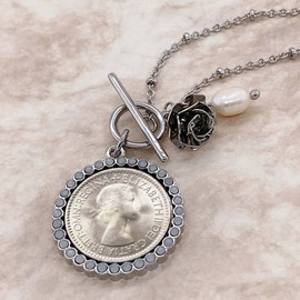 American Coin Treasures Lucky British Sixpence and Rose Silvertone Toggle Pendant Necklace