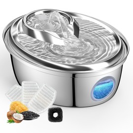 ORSDA Stainless Steel Cat Water Fountain, Automatic Pet Water Fountain, 100oz/3L Drinking Fountain Dog Water Dispenser with Water Level Window- 4Pcs Filters (D66)