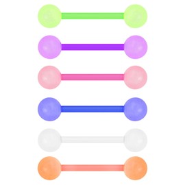 Forbidden Body Jewelry Lot of 6 Glow In The Dark Tongue Rings: 14G 16mm (5/8 Inch) Bioflex Tongue Ring Barbell Set, Bioflex