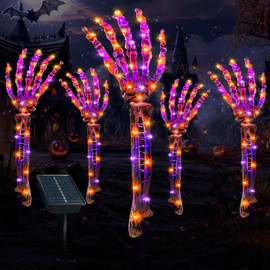 Solar Halloween Decorations,5 Pack Skeleton Hands Halloween Pathway Lights - Waterproof LED Stakes with 250 Purple &Orange Lights, 8 Modes - Scary Outdoor Yard Solar Powered Haunted Decorations