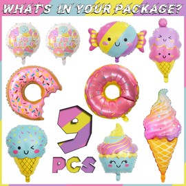 NGJGTR 9 PCS Donut Ice Cream Foil Balloons, Doughnut Mylar Foil Balloons Ice Cream Theme Birthday Party Decorations for Kids Girls Birthday Baby Shower Wedding Party Decorations
