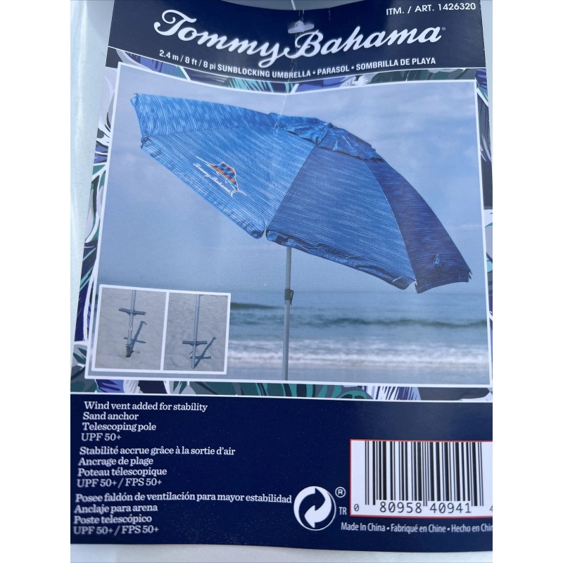 Tommy Bahama 8ft Beach Umbrella - Blue UPF-50+ NEW