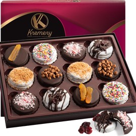 KREMERY Creamy Chocolate Cravings - Valentines Day Chocolate Covered Sandwich Cookies & Cream Gift Basket with Candied Toppings (12 Cookies) Sweet Treats Food Arrangement in Elegant Gift Box, Kosher