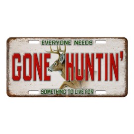 Rivers Edge Products License Plate, Front License Plate Tin Metal Car Decoration Gift, 12 Inches by 6 inches Novelty Vanity Plate with 4 Holes for Car, Truck, SUV, Van, and RV, Gone Huntin'
