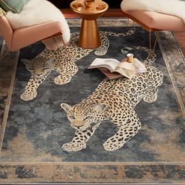 Well Woven Apollo Leopard's Reverie Charcoal Natural 3x5 (3'3" x 5') Accent Area Rug – Bold Leopard Design with Distressed Look