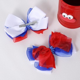 5" Patriotic July 4th Hair Bows Clips Big Red White Blue Mesh Grosgrain Ribbon Alligator Barrettes for Girls Women Memorial Independence Day Summer Holiday outfit Accessory Gift
