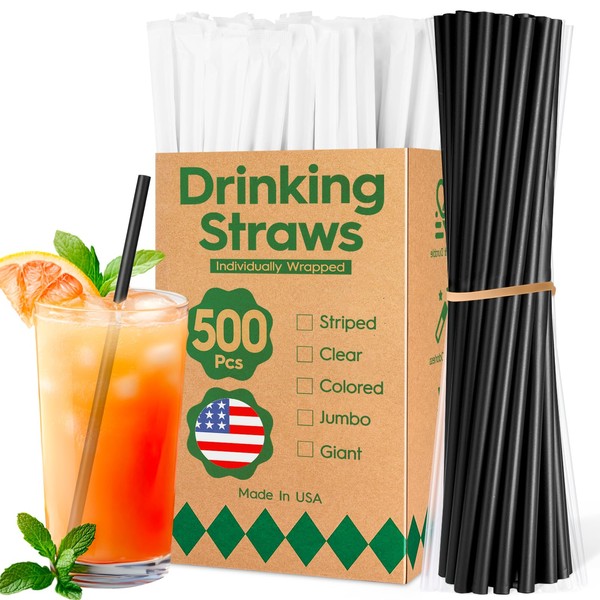 Delxo 500 Count Individually Wrapped Black Plastic Straws - 10.25