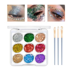 KYDA 9 Colour Glitter Eyeshadow Palette, Sparkle Shimmer Eye Sequin Makeup Palettes, Highly Pigmented Holographic Chunky Glitter Makeup Eyeshadow Sequin for Stage Festival Party 01