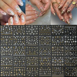 30 Sheets Gold Nail Stickers 3D Self-Adhesive Gold Star Nail Art Stickers Gold Flower Nail Decals Gold French Tip Line Nail Design for Women Acrylic Nails Gold Nail Art Supplies Decoration Accessories