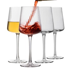 INSETLAN Elegant Ribbed Wine Glasses Set of 4 – 13.5 oz Lead-Free Crystal Ribbed Stemware for Red & White Wine, Premium Hand-Blown Glasses for Weddings, Dinner Parties, & Special Occasions