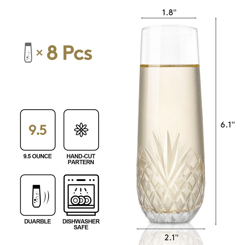 SHOSHIN Hand-Cut Crystal Stemless Champagne Flutes – Perfect for Parties,