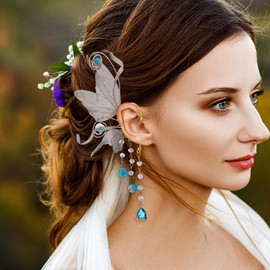 FRESHME Renaissance Fairy Elf Ear Cuffs - Blue Butterfly Wings Elven Ear Cuffs with Glass Beads Tassel Non Pierced Mermaid Ears for Women Dress Up Renfaire Costume Cosplay Makeup Fantasy Accessories