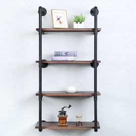 Industrial Pipe Shelving Wall Mounted,24in Rustic Metal Floating Shelves,Steampunk Real Wood Book Shelves,Wall Shelf Unit Bookshelf Hanging Wall Shelves,Farmhouse Kitchen Bar Shelving(4 Tier)