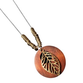 KIFEDSLJ Wooden Pendant Necklace with Owl Leaf Elephant Flower Handmade Vintage Bronze Leaf Long Leather Chain Sweater Necklace for Women (leaf B)
