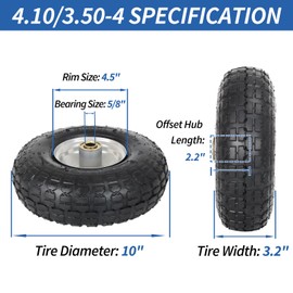 4.10/3.50-4 Pneumatic Tire, 10" Tire and Wheel, 2 Pack, with 2.2" Offset Hub, 5/8" Axle Bore Hole, Sealed Bearings, for Hand Truck Trolley Dolly Cart