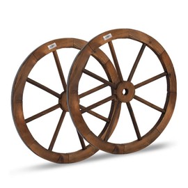 VINGLI 24" Decorative Wooden Wheel (Set of 2), Vintage Old Western Style Wall Hanging Wood Wagon Wheel for Bar, Garage, Patio, Carbonized Solid Fir Wood