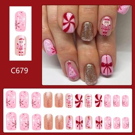Winter Christmas Press on Nails Short Square Glitter Fake Nails Pink Acrylic False Nails with Christmas Tree Stripes Snowflake Designs Glitters Full Cover Xmas Stick on Nails DIY Nails for Women 24Pcs