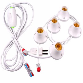 1pcs White Hanging Light Cord E27 Light Bulb Socket to 2-Prong with On/Off Switch (5 lamp Holders+Plug Switch Wires)