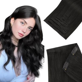 HOTBANANA Invisi Edge Clip in Hair Extensions, 12inch 75g 7Pcs Injected Seamless Clip in Extensions Real Human Hair Natural Black PU Hair Extensions Straight Hair