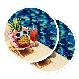 Vinyl Round Stickers (Set of 2) 10cm - Holiday Pineapple Cocktail Sunbathing for Laptops, Tablets, Luggage, Scrap Booking, Fridges #51167