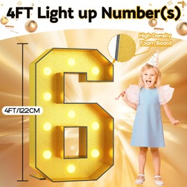 Number 6 Marquee, 4FT Light Up Numbers Gold Large Light Up Numbers Mosaic Numbers for 6th Birthday, Giant Light Up Number 4 Feet Tall DIY Frame Pre-Cut Foam Board Kit for Graduation Anniversary Party