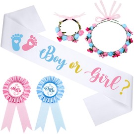 Riceshoot Faja de Revelación de Género para Niño o Niña Faja de Mom to Be Rosa Azul Pin de Dad to Be con Diadema de Flores Pulsera para Baby Shower Decoración Suministros Fiestas (Boy or Girl)