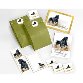 JuNa-Experts 16 Invitation Cards for Children's Birthday Parties Horses Girls Birthday Party Invitations Including 16 envelopes, 16 gift bags, 16 stickers, 16 bookmarks, 16 blocks, party bags, Modern