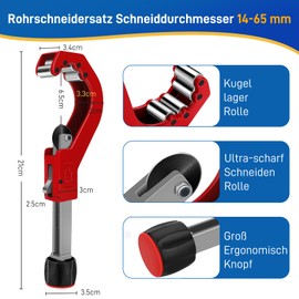 Pipe Cutter 14-65 mm, Quick Adjustment Pipe Cutter, Pipe Cutter with Deburrer, Pipe Cutter for Plastic, Thin Stainless Steel, Steel, Copper Tube, Aluminium (Red)