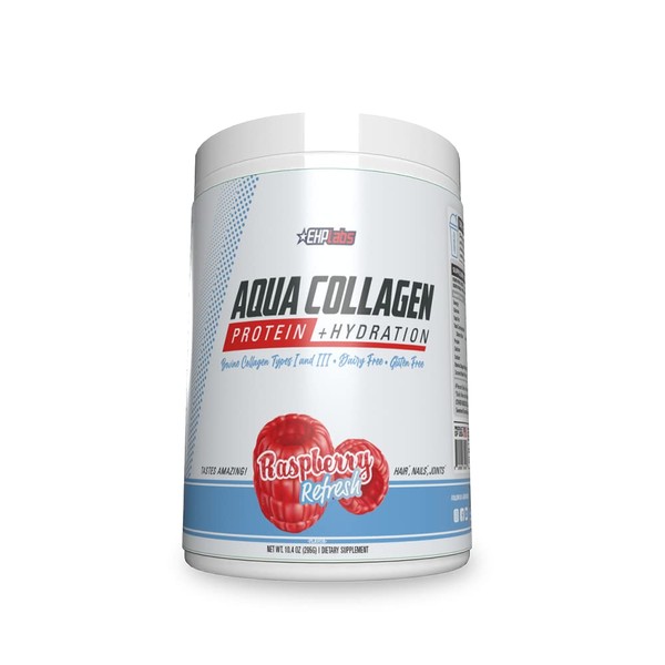 EHP Labs Aqua Hydrolyzed Collagen Peptides Powder - 10g of Protein per Serving, Hydration & Gut Health Support, Grass Fed Pasture-Raised Bovine Collagen, Type I & III, 24 Servings (Raspberry Refresh)