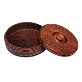GURU JEE Handmade Wooden Round Chapati Container Roti Box Serving Casseroles Handcarved Chapati Box with Lid