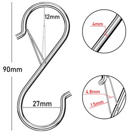 S Hooks, Hooks for Hanging, Safety Buckle Design, Pack of 20 Kitchen Hooks, Heavy Duty Metal Hooks, 9 cm, Rustproof & Corrosion Resistant Silver S Hooks for Kitchen, Bathroom, Bedroom, Outdoor Use
