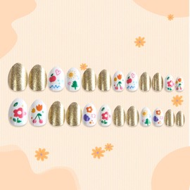 Kawyehu Kids Press on Nails Almond Children Fake Nails Artificial Nail Tips Adhesive Full Cover Short False Fingernails for Girls Kids Nail Decoration (Childish Flowers)