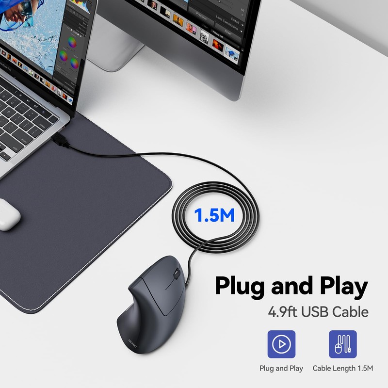 TECKNET Wired Ergonomic Mouse, 6400 DPI Vertical Mice 6 Buttons