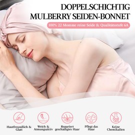 Seidenhaube zum Schlafen aus 100% Maulbeerseide - 22 Momme Schlafhaube Seide für Frauen, Silk Bonnet Sleep Cap Haarhaube für die Nacht, Schlafmütze zum Lange Haare Schutz, Doppelt Hair Bonnet (Rosa)