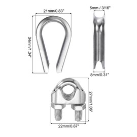 PATIKIL Wire Rope Accessory Set, 304 Stainless Steel 12 Pcs Cable Clip Clamp 10 Pcs Thimble for 5mm/3/16" Cable Rope