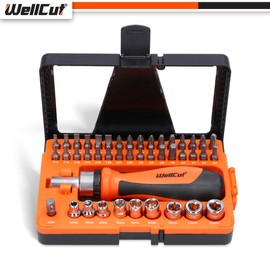 WELLCUT 44 pcs Universal Ratchet and Screwdriver Bit Set with Case, Hex/Torx/Slotted/Phillips/Pozidriv/Square for DIY/Electronics Repair/Hand Tools, WC-RSD44, Orange, Medium