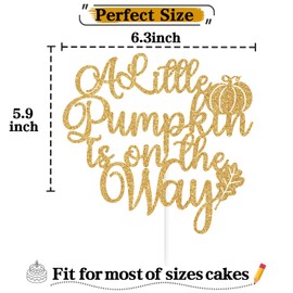 Decoración de pastel con purpurina dorada con texto «A Little Pumpkin is on the Way», calabaza Oh Baby / Little Pumpkin, decoración de fiesta con temática de calabaza, regalo de género