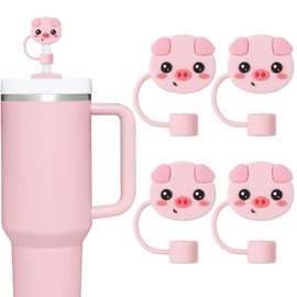 Whaline 4Pcs Pig Straw Cover Cap Pink Piggy Reusable Silicone Straw Topper Cute Animal 10Mm/0.4Inch Straw Tip Lid Protector For 30/40 Oz Tumbler Cup Accessories
