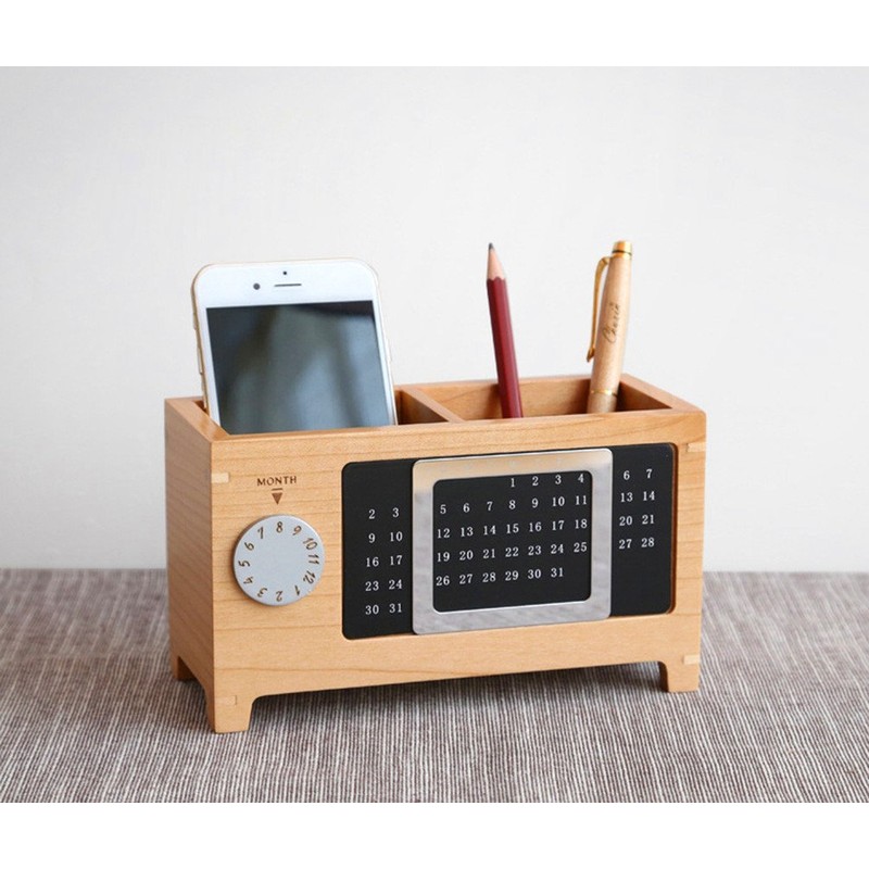 Wooden Pencils Holder Desk Organizer with Perpetual Calendar
