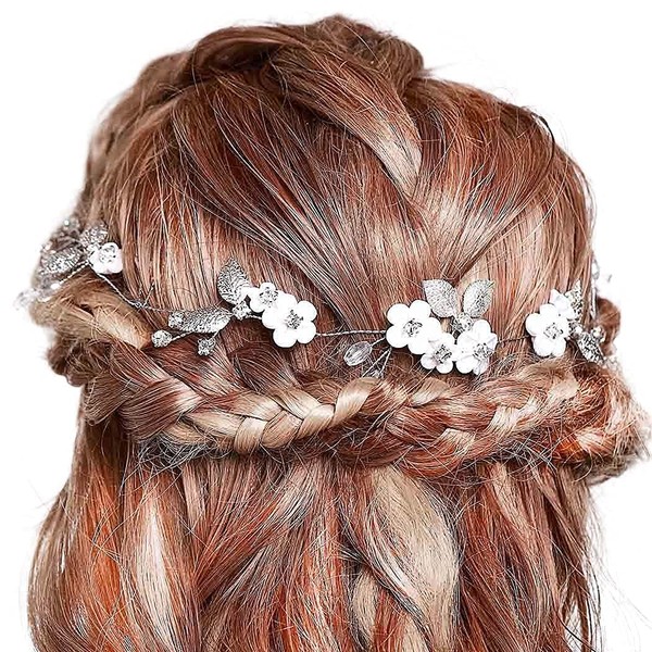 Campsis - Diadema para novia, diseño de flores, Plateado
